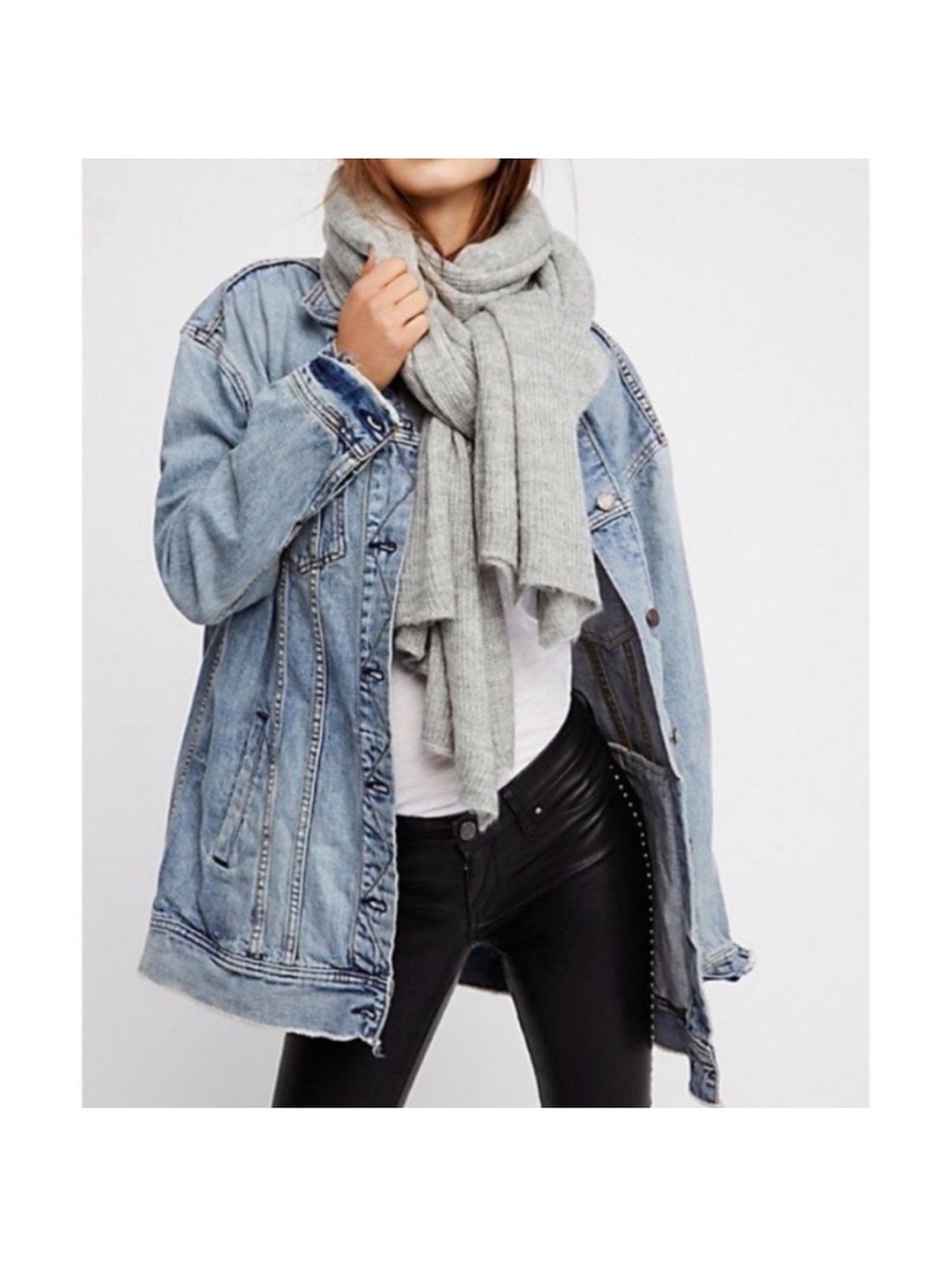 Free People Kennedy Waffle Knit Long Blanket Scarf Light Gray